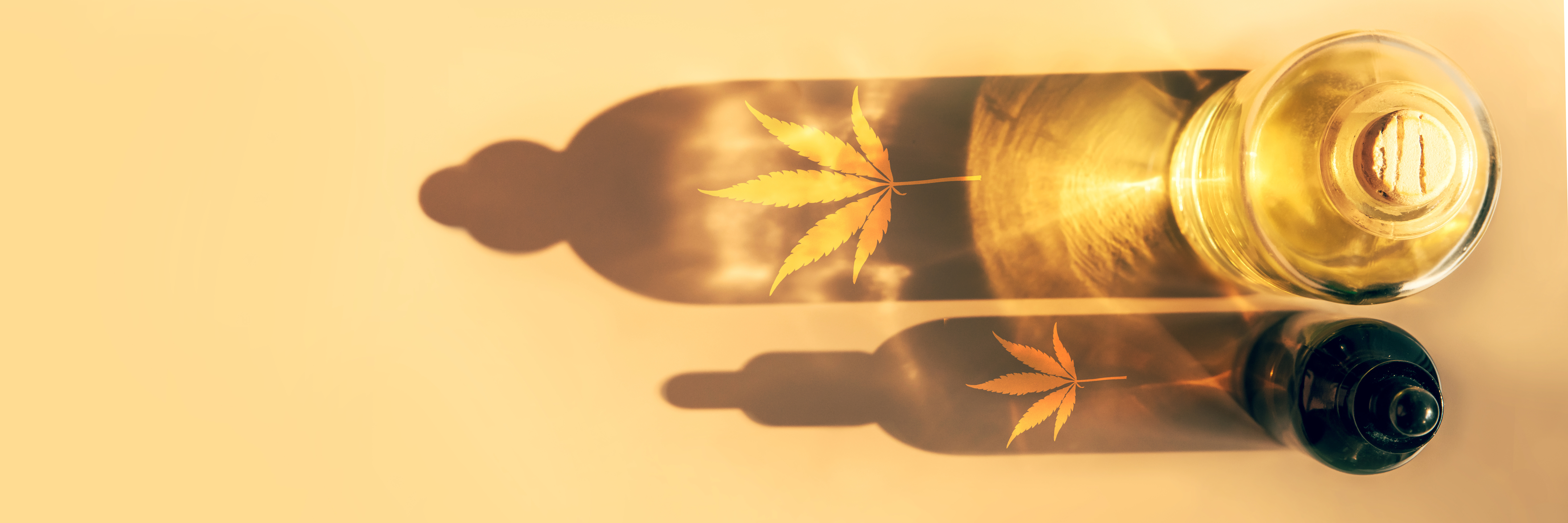 Trendy sunlight and shadows from CBD oil bottles on light background Creative composition, minimalism concept Banner